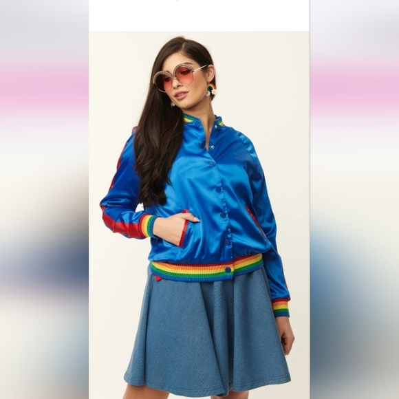 Unique Vintage X Rainbow Brite Royal Blue Satin Bomber Jacket NWT Size XS - Picture 2 of 12